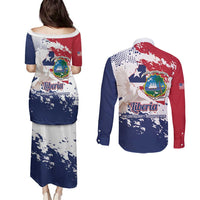 Liberia 1847 Independence Day Couples Matching Puletasi and Long Sleeve Button Shirt Coat Of Arms Grunge Style