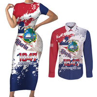 Liberia 1847 Independence Day Couples Matching Short Sleeve Bodycon Dress and Long Sleeve Button Shirt Coat Of Arms Grunge Style