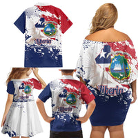 Liberia 1847 Independence Day Family Matching Off Shoulder Short Dress and Hawaiian Shirt Coat Of Arms Grunge Style
