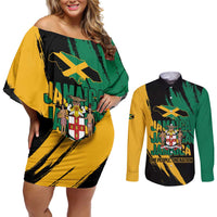 Jamaica Independence Day Couples Matching Off Shoulder Short Dress and Long Sleeve Button Shirt One People One Nation