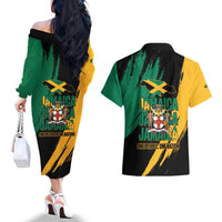 Jamaica Independence Day Couples Matching Off The Shoulder Long Sleeve Dress and Hawaiian Shirt One People One Nation