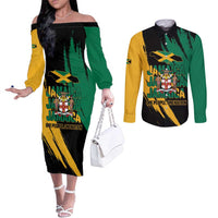 Jamaica Independence Day Couples Matching Off The Shoulder Long Sleeve Dress and Long Sleeve Button Shirt One People One Nation