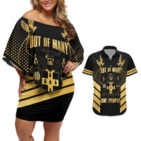 Jamaica Independence Day Couples Matching Off Shoulder Short Dress and Hawaiian Shirt Out Of Many One People Gold Color