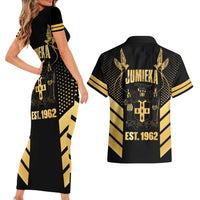 Jamaica Independence Day Couples Matching Short Sleeve Bodycon Dress and Hawaiian Shirt Out Of Many One People Gold Color