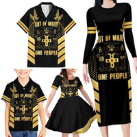 Jamaica Independence Day Family Matching Long Sleeve Bodycon Dress and Hawaiian Shirt Out Of Many One People Gold Color
