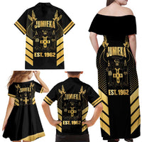 Jamaica Independence Day Family Matching Off Shoulder Maxi Dress and Hawaiian Shirt Out Of Many One People Gold Color