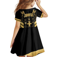 Jamaica Independence Day Family Matching Off Shoulder Short Dress and Hawaiian Shirt Out Of Many One People Gold Color