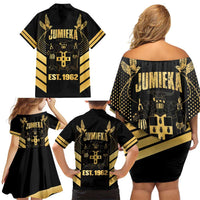 Jamaica Independence Day Family Matching Off Shoulder Short Dress and Hawaiian Shirt Out Of Many One People Gold Color