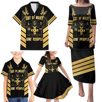 Jamaica Independence Day Family Matching Puletasi and Hawaiian Shirt Out Of Many One People Gold Color