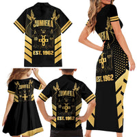 Jamaica Independence Day Family Matching Short Sleeve Bodycon Dress and Hawaiian Shirt Out Of Many One People Gold Color