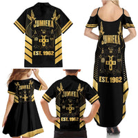 Jamaica Independence Day Family Matching Summer Maxi Dress and Hawaiian Shirt Out Of Many One People Gold Color