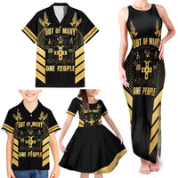 Jamaica Independence Day Family Matching Tank Maxi Dress and Hawaiian Shirt Out Of Many One People Gold Color