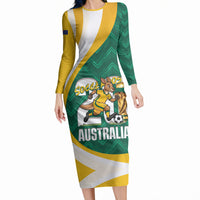 Australia 2026 Soccer Custom Long Sleeve Bodycon Dress Go Socceroos Kangaroo Mascot Green Sporty