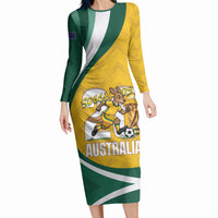 Australia 2026 Soccer Custom Long Sleeve Bodycon Dress Go Socceroos Kangaroo Mascot Yellow Sporty