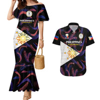 Black mermaid maxi dress and matching black Hawaiian shirt with Philippines crest graphics