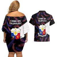 Philippines Football Couples Matching Off Shoulder Short Dress and Hawaiian Shirt 2023 World Cup Go Filipinas Feather Black Version - Wonder Print Shop