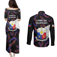 Black puletasi dress and long-sleeve button shirt set, back text 'COME ON FILIPINAS!'