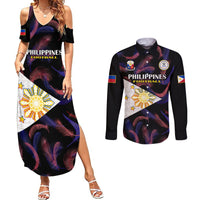 Black maxi dress and long-sleeve button shirt set with football graphic, off-shoulder sleeves
