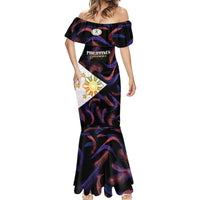 Women's black mermaid maxi dress with multicolor feather-like pattern and flared bottom