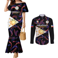 Black off-shoulder mermaid dress with team crest and matching long-sleeve button shirt set
