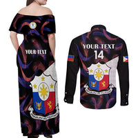 Custom Philippines Football Couples Matching Off Shoulder Maxi Dress and Long Sleeve Button Shirts 2023 World Cup Go Filipinas Feather Black Version - Wonder Print Shop