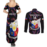Black maxi dress and long-sleeve button shirt with back crest, text, number 14