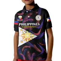 Black kids polo shirt with Philippines football graphic, short sleeves, button collar