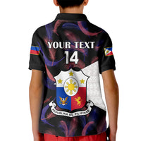 Black kids polo shirt with back graphic and “YOUR TEXT 14”, short sleeves