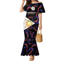 Off-shoulder mermaid dress, black with multicolor swirl print and Philippines football crest