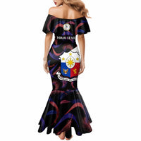 Off-shoulder mermaid dress, black multicolor print with YOUR TEXT and crest