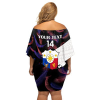 Custom Philippines Football Off Shoulder Short Dress 2023 World Cup Go Filipinas Feather Black Version - Wonder Print Shop