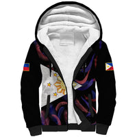 Black sherpa-lined hoodie with colorful Philippines football graphic patches