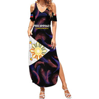 Women’s black cold-shoulder maxi dress with colorful feather print and central emblem
