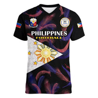 Women’s black V-neck football T-shirt with Philippines graphic, text and sun emblem front