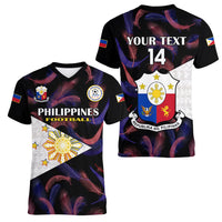 Women’s black V-neck football T-shirt views: PHILIPPINES FOOTBALL front and YOUR TEXT 14