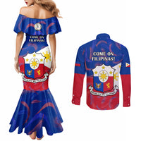 philippines-football-couples-matching-mermaid-dress-and-long-sleeve-button-shirts-2023-world-cup-go-filipinas-feather-flag-version