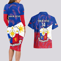 Custom Philippines Football Couples Matching Long Sleeve Bodycon Dress and Hawaiian Shirt 2023 World Cup Go Filipinas Feather Flag Version - Wonder Print Shop