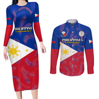 Custom Philippines Football Couples Matching Long Sleeve Bodycon Dress and Long Sleeve Button Shirts 2023 World Cup Go Filipinas Feather Flag Version - Wonder Print Shop