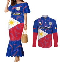 Blue red matching mermaid dress (off-shoulder) and long-sleeve button shirt, Philippines print