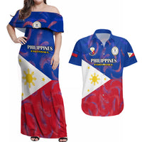 Custom Philippines Football Couples Matching Off Shoulder Maxi Dress and Hawaiian Shirt 2023 World Cup Go Filipinas Feather Flag Version - Wonder Print Shop