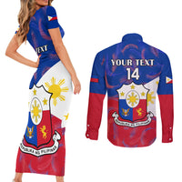 Custom Philippines Football Couples Matching Short Sleeve Bodycon Dress and Long Sleeve Button Shirts 2023 World Cup Go Filipinas Feather Flag Version - Wonder Print Shop