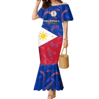 Blue off-shoulder mermaid dress with printed crest and flag graphic, flared hem