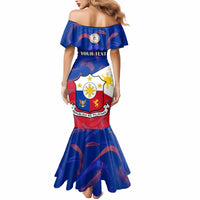 Blue off-shoulder mermaid dress with 'YOUR TEXT' print and flag graphic, flared hem