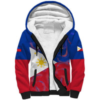 Sherpa-lined zip hoodie in blue and red with Philippines flag graphic on sleeves