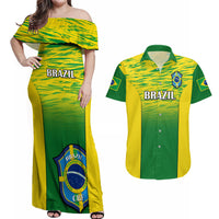 Matching off-shoulder maxi dress and green yellow Hawaiian shirt set, Brazil print and crest