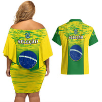 Brazil matching off-shoulder dress and Hawaiian shirt with Brazil flag print