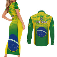 Brazil Football Couples Matching Short Sleeve Bodycon Dress and Long Sleeve Button Shirts 2023 World Cup Go Selecao Gradient Style - Wonder Print Shop