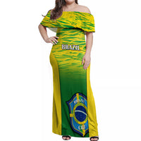 Green off-shoulder maxi dress with Brazil lettering and CBF crest, gradient paneling