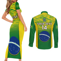 Custom Brazil Football Couples Matching Short Sleeve Bodycon Dress and Long Sleeve Button Shirts 2023 World Cup Go Selecao Gradient Style - Wonder Print Shop