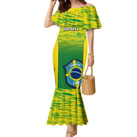Green and yellow off-shoulder mermaid maxi dress with Brazil crest panel